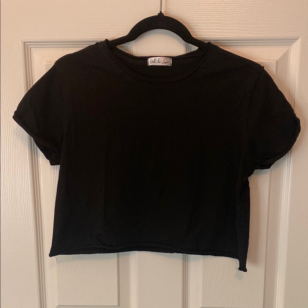 Ooh La Luxe Raw Hem Crop Top Crew Neck T Shirt Black
